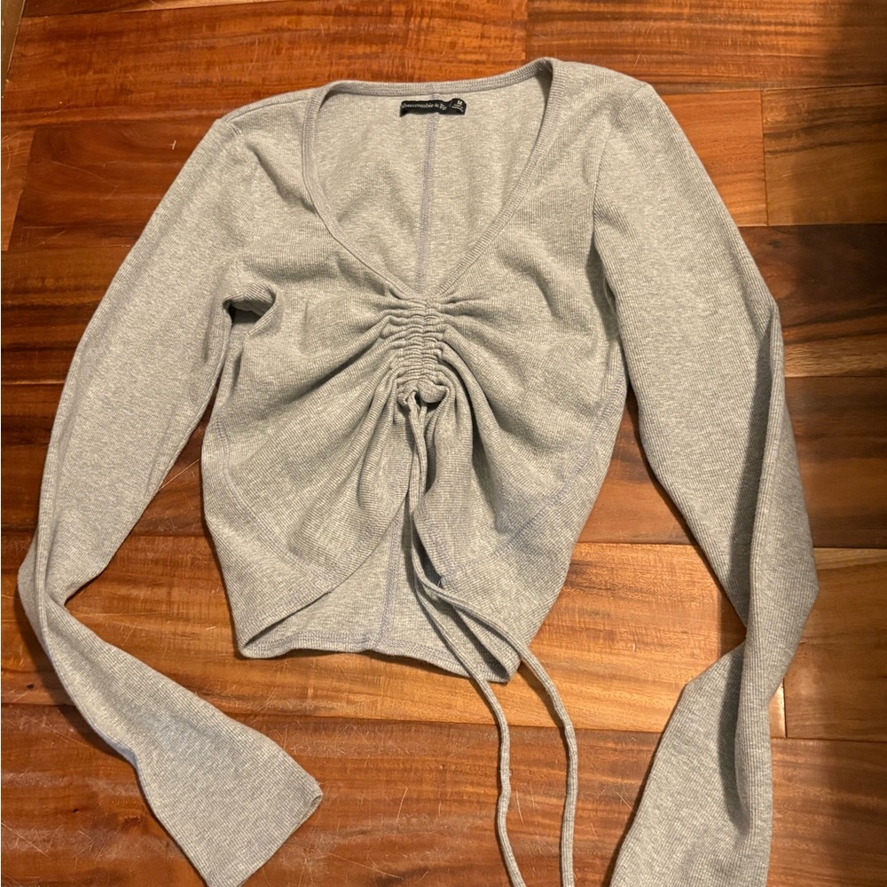 Abercrombie & Fitch Ribbed Ruched Tie Front Long Sleeve Crop Top Gray M (0930)